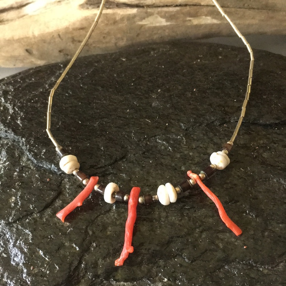 Liquid Silver Coral & Beads Necklace Vintage 70’s